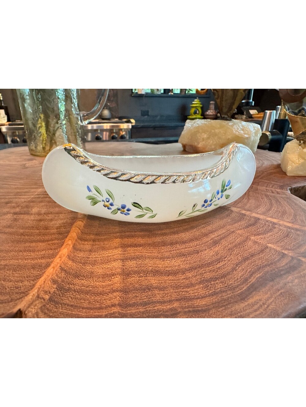 Vintage 6" Milk Glass Canoe Trinket Dish - Hand-Painted Blue Florals & Gold Trim
